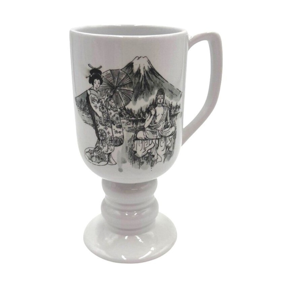 1965 Kaysons Ironstone Footed Mug Japanese Scene Mt Fuji Pedestal Cup‎ Japan